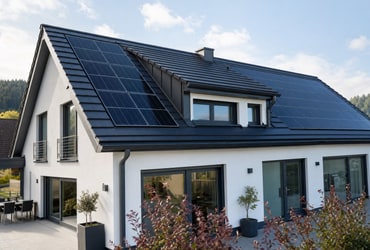 Fachkraft montiert Photovoltaikmodule auf einem Ziegeldach
