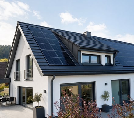 Wohnhaus mit integrierter Photovoltaikanlage auf anthrazitfarbenem Dach
