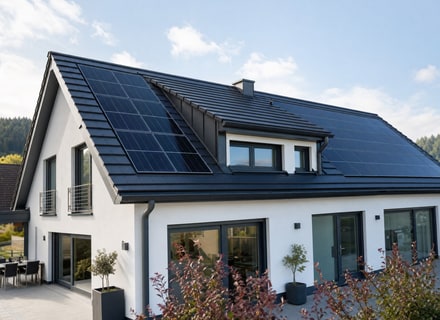 Photovoltaikmodule auf einem fachgerecht sanierten Hausdach