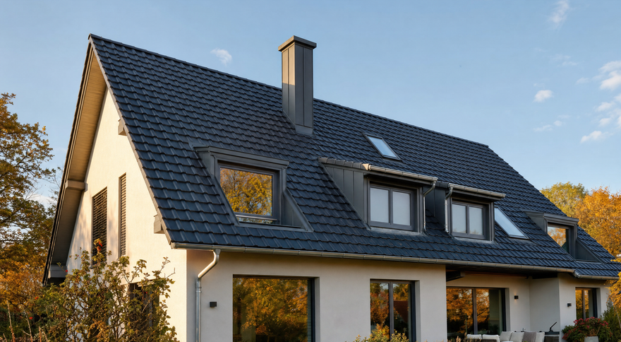 Modernes deutsches Einfamilienhaus mit neuem anthrazitfarbenem Dach