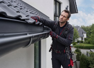 Dachdecker kontrolliert Dachrinne und Anschlüsse eines Wohnhauses